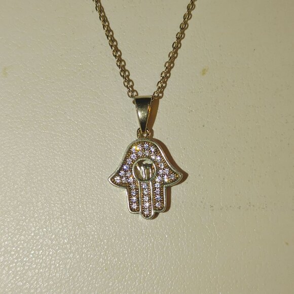 Hamsa Hand Pendant Necklace Gold Plated 925 Silver Rhinestone Accents 18 Chain - Picture 7 of 8